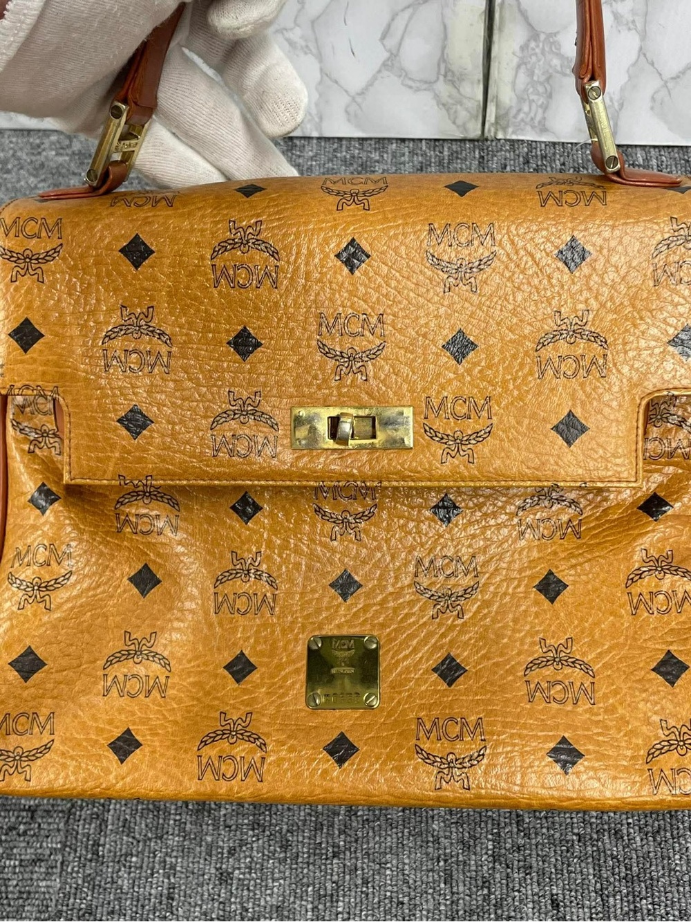 MCM Cognac Visetos Logo Satchel with Gold Hardware